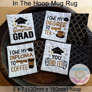 Graduation Mug Rug In The Hoop Set machine embroidery design, mug rug in the hoop machine embroidery design, coaster in the hoop design