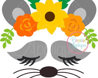 Raccoon Face Flower Crown SVG Cutting File, Raccoon cut file, Raccoon crown cut file, Raccoon flowers svg cut file