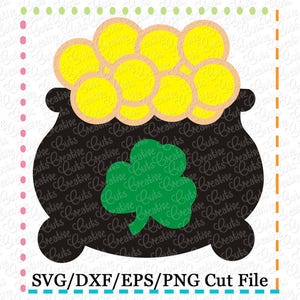 May include: A black pot with a shamrock design and a gold coin lid. The pot is filled with gold coins.