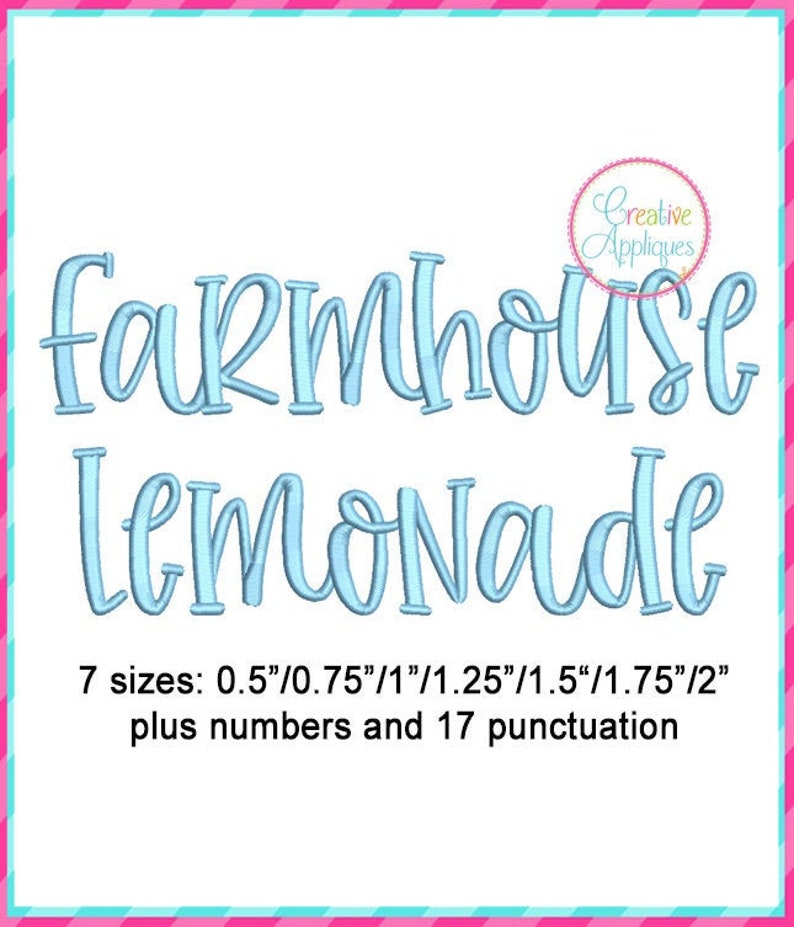 7 Sizes Farmhouse Lemonade Embroidery Alphabet Font Digital Machine Embroidery, A to Z, numbers, symbols, punctuation image 1