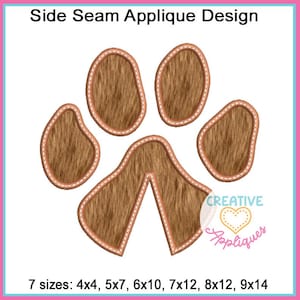 May include: Brown paw print applique design with a stitched outline. Available in 7 sizes: 4x4, 5x7, 6x10, 7x12, 8x12, 9x14.