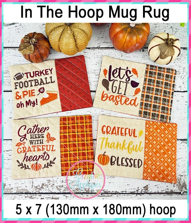 Set of 4 different Thanksgiving Mug Rug In the Hoop Machine Embroidery Design, 5x7 hoop, mug rug, quilted cup mat, mug mat, coaster