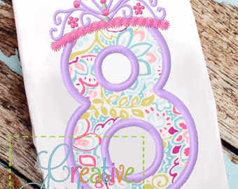 Princess Crown Birthday  Number 8 Machine Embroidery Applique Design 4 Sizes