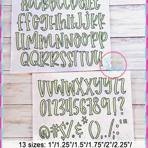 May include: A set of 13 sizes of a handwritten font alphabet, numbers, and punctuation marks. The font is a light yellow color with a dark green outline. The font is available in sizes from 1 inch to 4 inches.