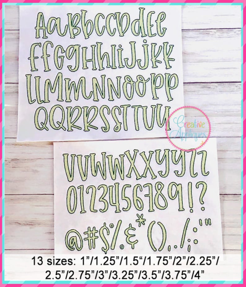 May include: A set of 13 sizes of a handwritten font alphabet, numbers, and punctuation marks. The font is a light yellow color with a dark green outline. The font is available in sizes from 1 inch to 4 inches.