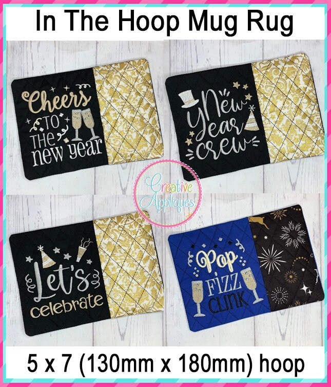 Set of 4 Different New Years Mug Rug in the Hoop Machine Embroidery ...