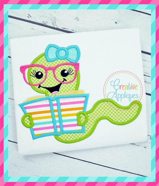 Girl Reading Bookworm Digital Machine Embroidery Applique Design 5 sizes, bookworm applique, book applique, bookworm embroidery