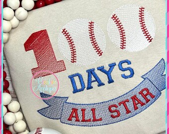 Sketch Stitch 100 Days All Star Digital Machine Embroidery Design 4 Tallas, bordado de béisbol, 100 días de escuela