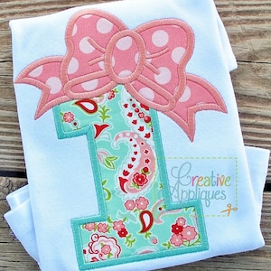 Bow Number 1 One First Birthday Applique Digital Machine Embroidery Design 4 Sizes, first birthday applique, 1st birthday applique, 1 bow