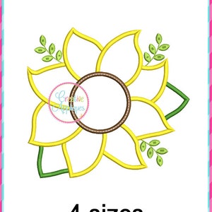 May include: A yellow sunflower with green leaves and a brown circle in the center. The text "4 sizes" is below the sunflower.
