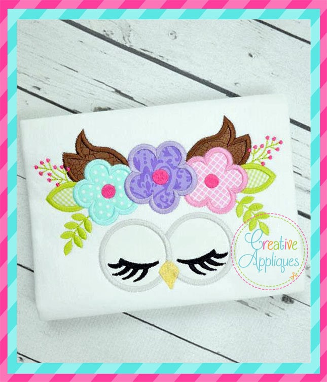 Owl Face Flower Crown Digital Machine Embroidery Applique Design 4 SIZES, owl applique, owl embroide