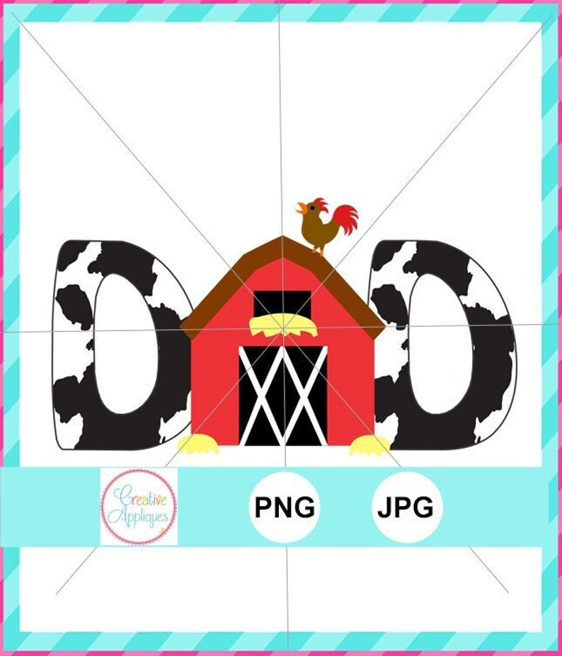 May include: A red barn with a white X on the door, a rooster on the roof, and the letters D, A, and D in black with white cow spots. The letters are arranged to spell "DAD".