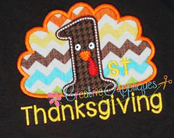 1st First Thanksgiving Turkey  Digital Machine Embroidery Applique Design 3 Sizes, 1st thanksgiving applique, first thanksgiving applique