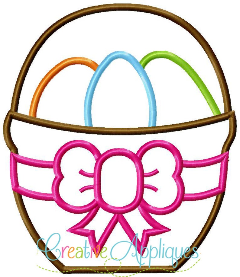 May include: A brown Easter basket with a pink bow and three colourful eggs inside. The eggs are orange, blue and green.