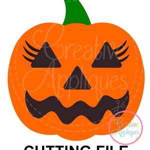 May include: Orange pumpkin with a black, smiling face, eyelashes, and a green stem. The pumpkin has a jagged mouth and triangular eyes.  CUTTING FILE is written in black text below the pumpkin.