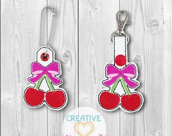 Cherry Bow Snap Tab + Charm In The Hoop Design machine embroidery design, in the hoop pattern, snap tab embroidery design