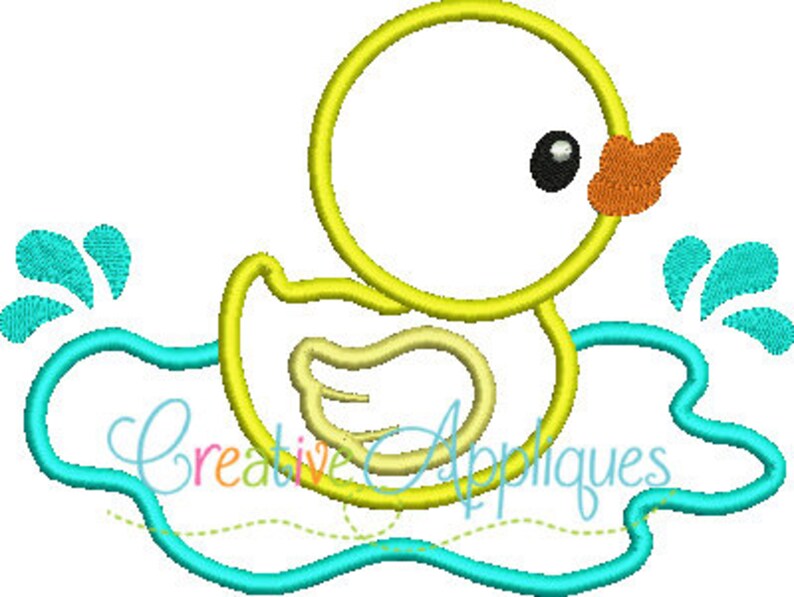 May include: A yellow rubber ducky with a blue beak and orange feet is swimming in a blue puddle with water splashes.