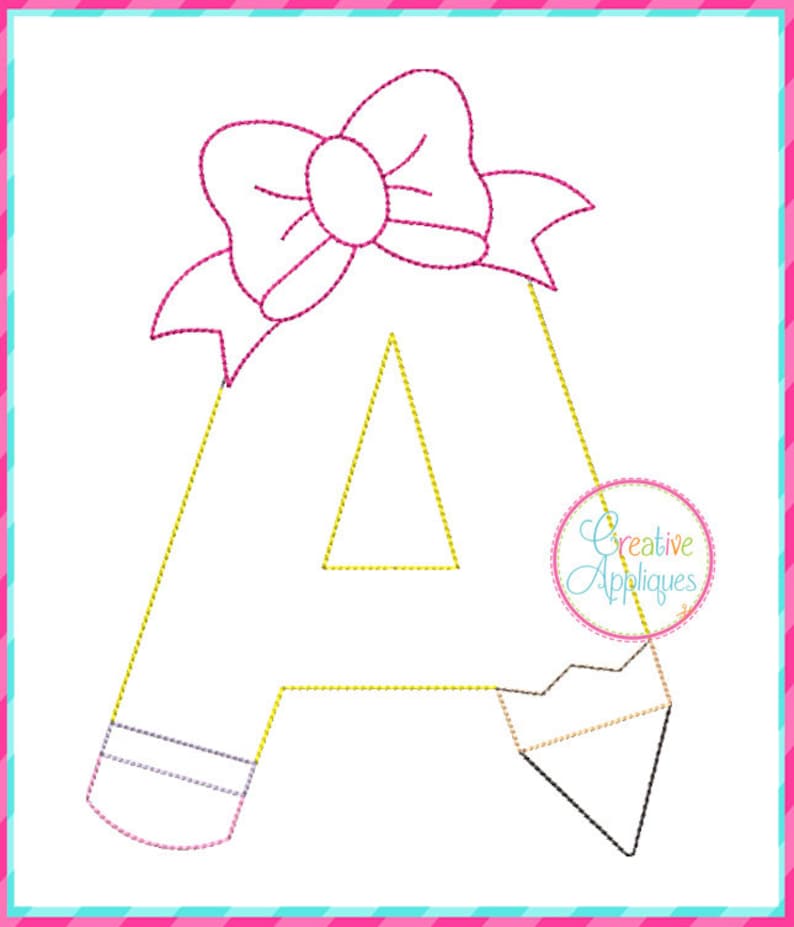 Pencil Alphabet Bow Embroidery Applique Design 5 Sizes Pencil Etsy