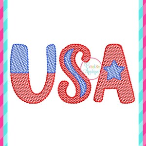 May include: USA in red, white, and blue with a star in the A. The letters are stitched with a textured look.