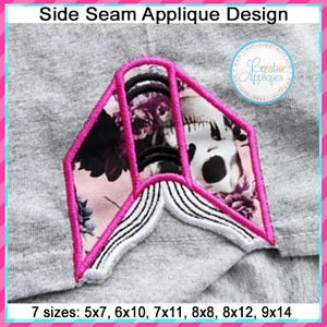 May include: A pink and black side seam applique design with a skull and floral pattern. The applique is shown on a gray fabric. 7 sizes are available: 5x7, 6x10, 7x11, 8x8, 8x12, 9x14.