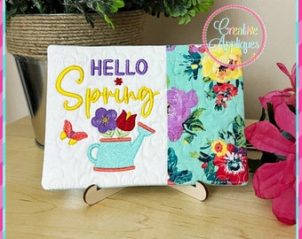 Hello Spring Mug Rug In the Hoop Machine Embroidery Design, 5x7 hoop, mug rug, quilted cup mat, mug mat, coaster