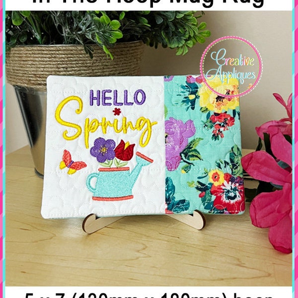 Hello Spring Mug Rug In the Hoop Machine Embroidery Design, 5x7 hoop, mug rug, quilted cup mat, mug mat, coaster