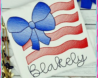 Sketch Stitch Bow Flag Applique Design 4 Sizes, machine embroidery, patriotic applique, stars applique, 4th of july, flag applique