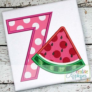 Watermelon 7 7th Seven Seventh Birthday Number Machine Embroidery Applique Design 4 Sizes