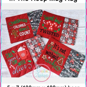 Set von 4 verschiedenen Weihnachts-Tassenteppich im Hoop Maschinenstickerei Design, 5x7 Reifen, Tassenteppich, gesteppte Tassenmatte, Tassenmatte, Untersetzer