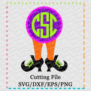 May include: A digital cutting file featuring a whimsical witch-themed design. The image showcases orange legs, black shoes with green accents, and a purple and green monogram. The text "Cutting File" and file type options are also included.