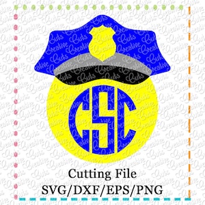 Peut inclure: Un chapeau de policier bleu et jaune avec un badge et un cercle jaune avec les lettres CSC en bleu à l'intérieur. L'image comporte le texte "Cutting File SVG/DXF/EPS/PNG" en bas.