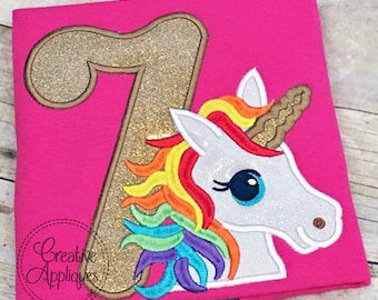 Rainbow Unicorn Birthday 7 Digital Machine Embroidery Applique Design 4 sizes, 7th birthday, 7 seven seventh unicorn birthday applique