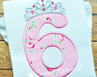 Princess Crown Birthday  Number 6 Machine Embroidery Applique Design 4 Sizes, sixth birthday applique, 6th birthday applique, 6 crown