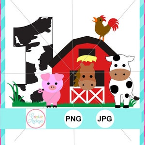 Print fichier PNG, fichier d’impression JPEG, animal de ferme grange 1, sublimation de fichier d’impression de ferme, fichier d’impression de grange, 1er anniversaire, gingham