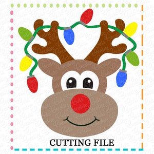 May include: A brown reindeer face with a red nose and big eyes. The reindeer has antlers with a string of colorful Christmas lights wrapped around them.