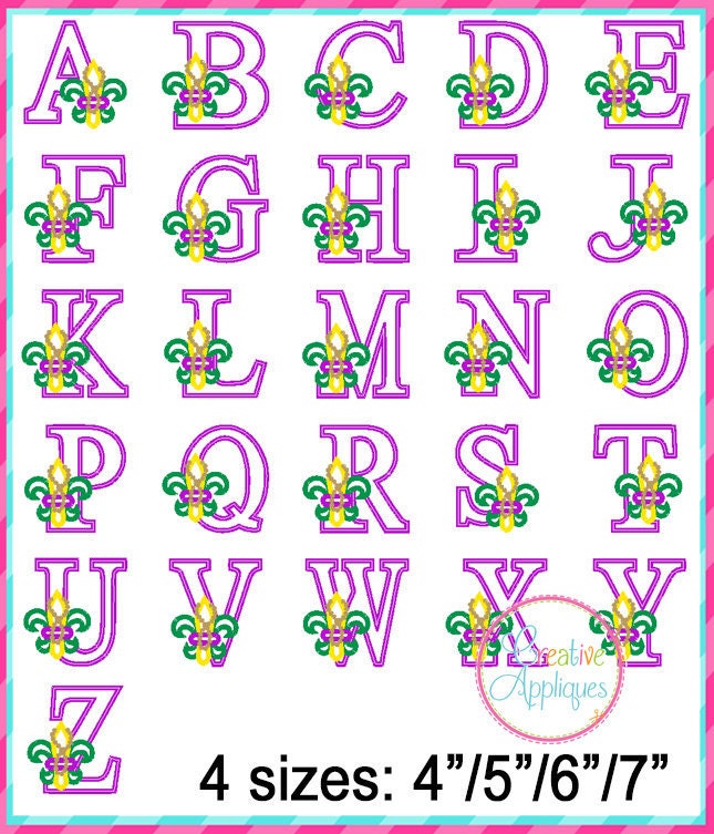 Fleur De Lis Alphabet Applique Machine Embroidery Design 4 Sizes, fleur de lis applique, mardi gras applique, mardi gras letters alphabet