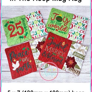 Set of 4 different Christmas Mug Rug In the Hoop Machine Embroidery Design, 5x7 hoop, mug rug, quilted cup mat, mug mat, coaster