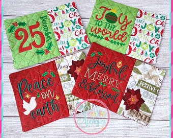 Set van 4 verschillende kerstmok tapijt In the Hoop machineborduurontwerp, 5 x 7 hoepel, mok tapijt, gewatteerde bekermat, mokmat, onderzetter
