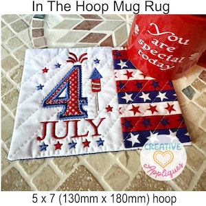 4 July Patriotic Mug Rug In The Hoop machine embroidery design, in the hoop design, coaster in the hoop embroidery design