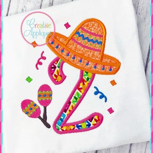 2nd birthday Sombrero Number Applique Digital Machine Embroidery Design 4 Sizes, Cinco de Mayo applique, sombrero birthday number 2 applique