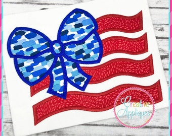 Bow Flag Applique Design 4 Sizes, machine embroidery, patriotic applique, stars applique, 4th of july, flag applique