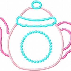 May include: A pink and blue teapot with a decorative circle design. The teapot has a lid with a small circle on top.