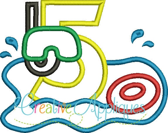 Swim Pool Party Number 5 Birthday Applique Digital Machine Embroidery ...