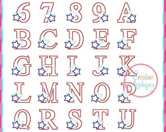 May include: Red outlined alphabet letters with blue star accents. The letters are in a block font style. The letters are arranged in alphabetical order.