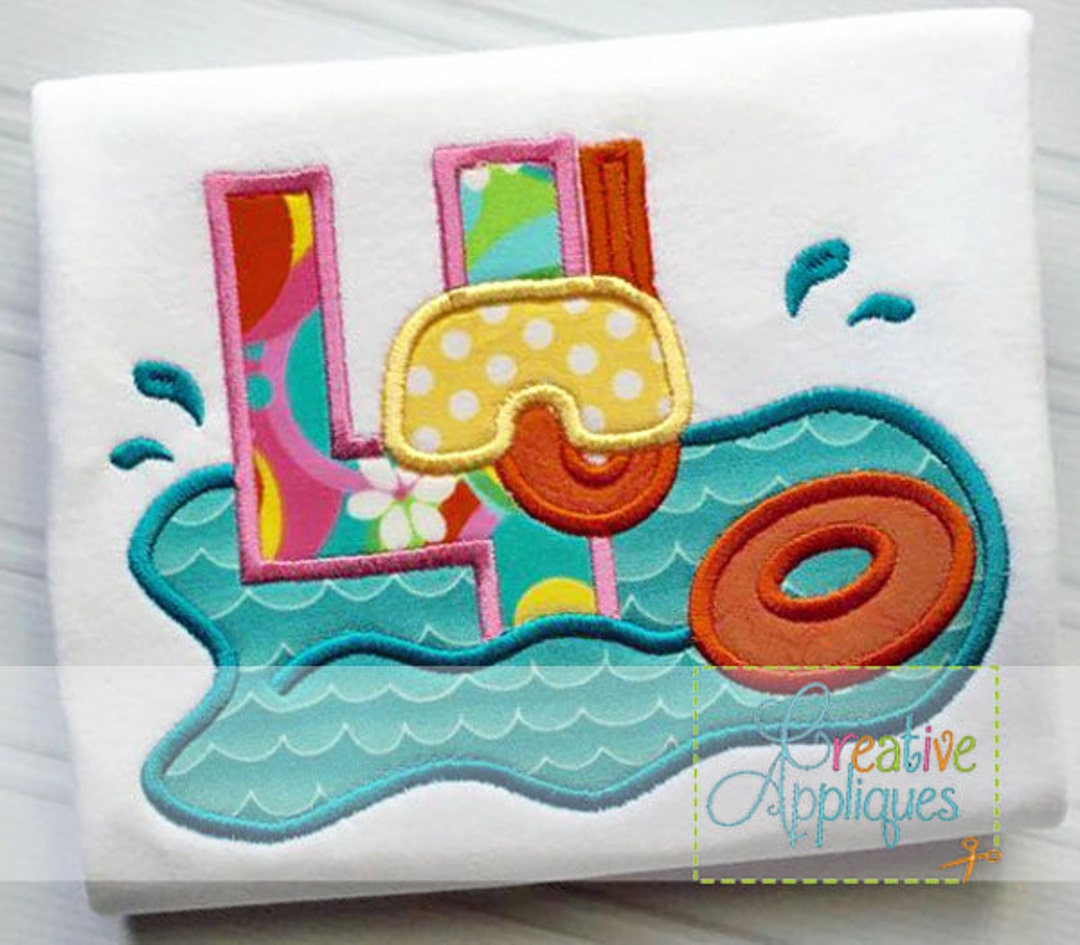 Swim Pool Party Number 4 Birthday Applique Digital Machine Embroidery ...