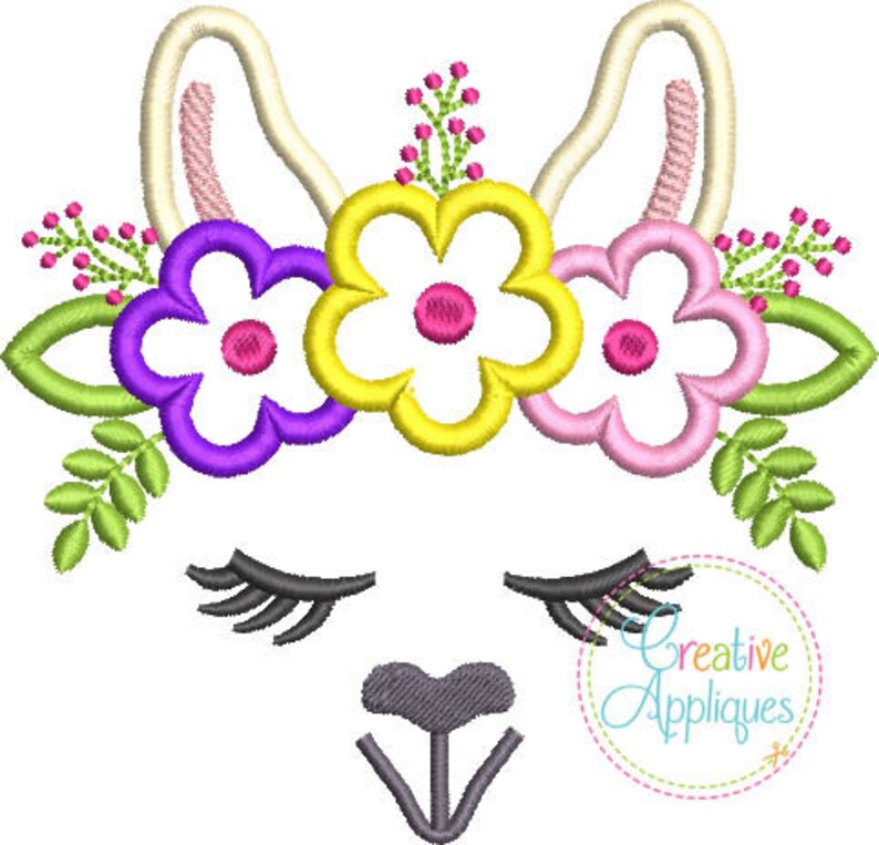 May include: Embroidered design of a llama face with closed eyes and a gray nose. The llama is wearing a flower crown with purple, yellow, and pink flowers.