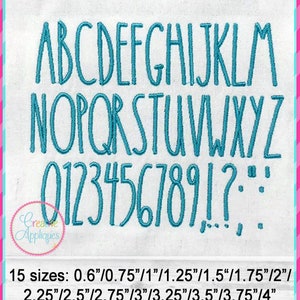 Puede incluir: Un conjunto de letras may&uacute;sculas, letras min&uacute;sculas, n&uacute;meros y signos de puntuaci&oacute;n en una fuente manuscrita. Las letras y los n&uacute;meros son de color azul turquesa y est&aacute;n delineados en blanco. La fuente es un estilo de escritura simple y casual. La imagen incluye el texto "15 tama&ntilde;os: 0,6"/0,75"/1"/1,25"/1,5"/1,75"/2"/ 2,25"/2,5"/2,75"/3"/3,25"/3,5"/3,75"/4"