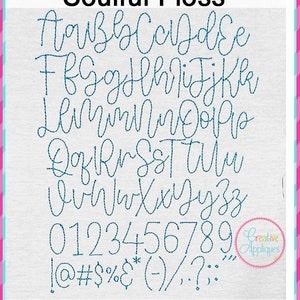 May include: A blue embroidered font set called "Soulful Floss" includes uppercase and lowercase letters, numbers, and punctuation marks. The font is available in nine sizes, ranging from 1 to 4 inches.