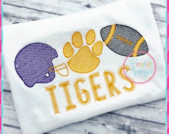 Sketch Stitch Tiger Paw Football Digital Machine Embroidery Design 5 Sizes, football embroidery, tiger paw embroidery, tigers