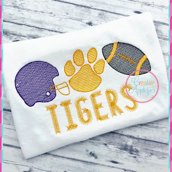 Sketch Stitch Tiger Paw Football Digital Machine Embroidery Design 5 Sizes, football embroidery, tiger paw embroidery, tigers